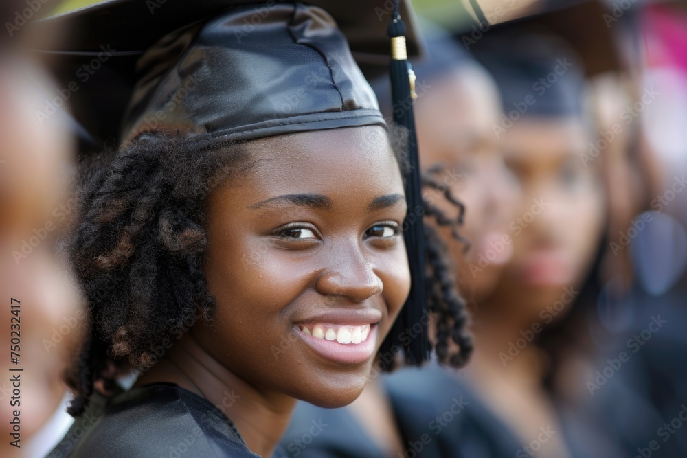 A woman with a black graduation cap and gown is smiling A woman with a black graduation cap and gown is smiling