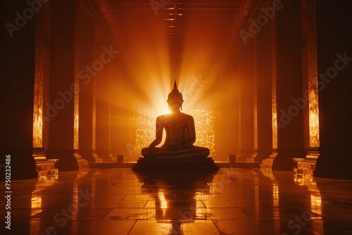 A Buddhist monk sits in a dimly lit room with a glowing light shining on him