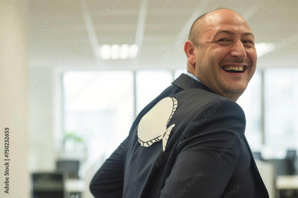 A man is wearing a suit with a whale on it and is smiling A man is wearing a suit with a whale on it and is smiling