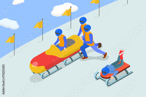 3D Isometric Flat Vector Illustration of Bobsleigh Outdoors Activities, Winter Time Sport
