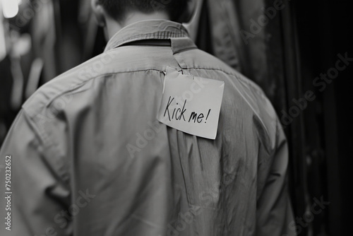 A man is wearing a shirt with a note that says "kick me!" on it