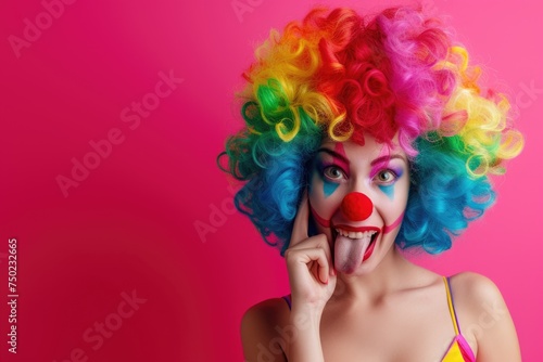 A woman with a rainbow wig and clown makeup is posing for a picture