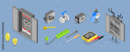 3D Isometric Flat Vector Set of Tools Of Electrician, Professional Equipment