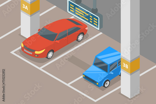 3D Isometric Flat Vector Illustration of Underground Parking Lot, Smart Guidance System