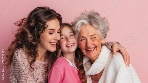 Joyful grandkid girl and adult daughter woman hugging happy excited grandma, celebrating birthday, mothers day, smiling, laughing, having fun, enjoying family meeting, warm relationships photo