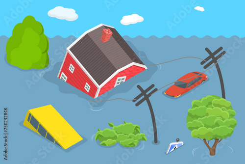 3D Isometric Flat Vector Illustration of Flooded City, Natural Disaster, Weather Hazard