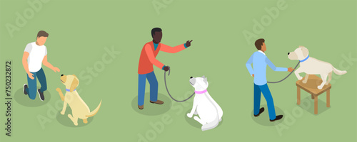 3D Isometric Flat Vector Set of Dog Training Scenes, Teaching Dogs Tricks