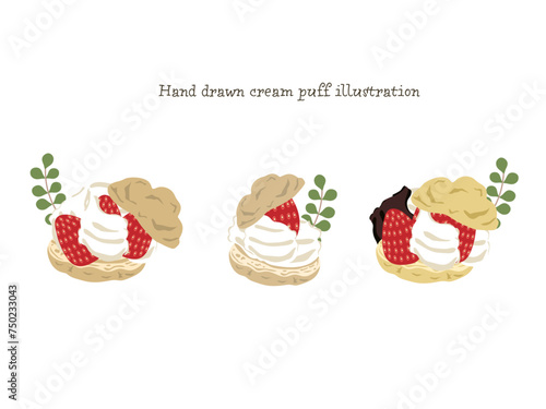 いちごのシュークリームのイラストセット