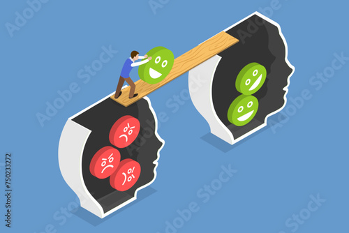 3D Isometric Flat Vector Illustration of Persuasion, Positive Thinking, Good or Bad Attitude