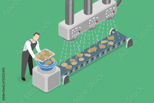 3D Isometric Flat Vector Illustration of Potato Chips Manufacturing Process, Assembling Line on Plant