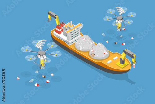 3D Isometric Flat Vector Illustration of Autonomous Technology For Litter Collection, Ceaning Sea or Ocean