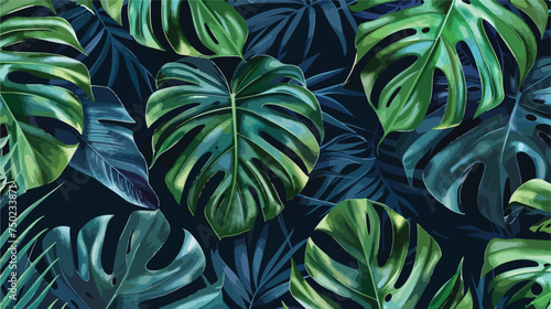 Tropical leaves green seamless dark blue background