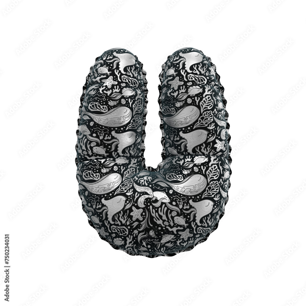 3D inflated balloon letter U with black & white colored sea life design for kids