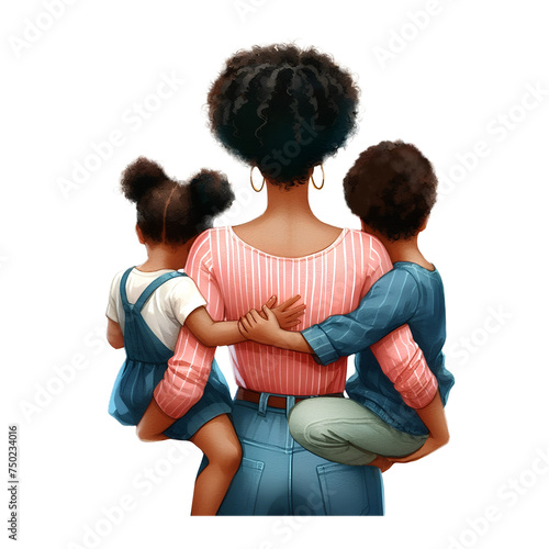  Mother’s day clipart-mother back with two kids boy and girl, siblings, twins, African American mom, Latino, Asian mother. (ID: 750234016)