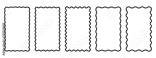 Set of rectangle frames with wavy edges. Rectangular shapes with wiggly borders. Picture or photo frames, empty text boxes, tags, labels isolated on white background. Vector graphic illustration.