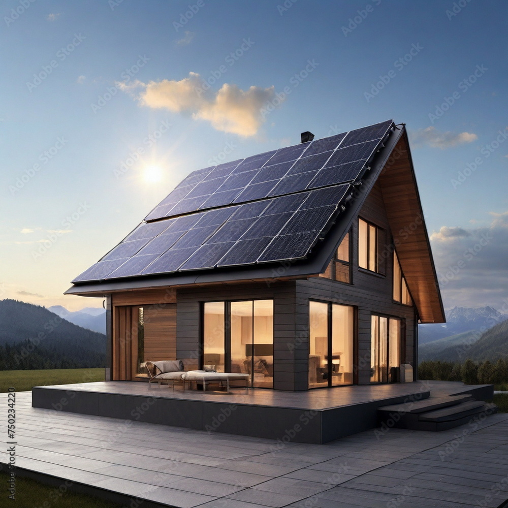 Houses with solar panels on the roof. Alternative energy for the population. The energy of the sun in the service of humanity. New technologies.