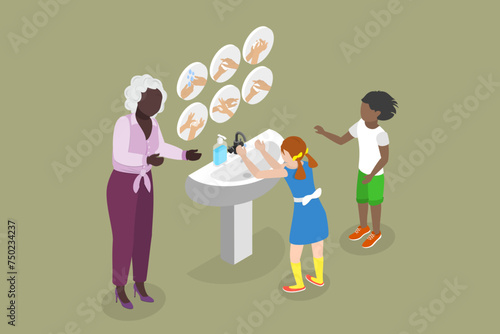3D Isometric Flat Vector Illustration of Washing Hands Teaching, Preventing Virus and Infection