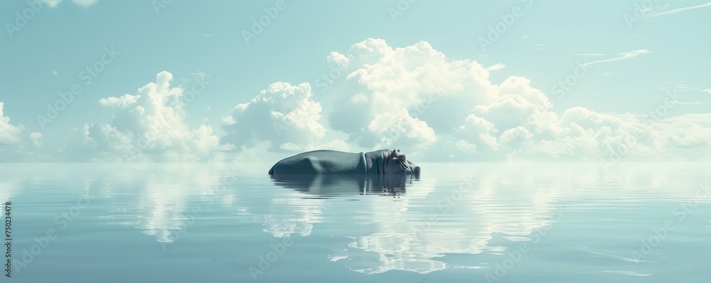 Obraz premium A hippo s dream of heaven a minimalist tranquil pond in the clouds its peace unbroken