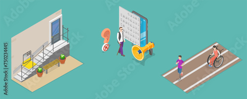 3D Isometric Flat Vector Illustration of Disabled People In Social Environment, Accessible City Environment