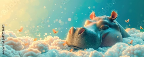 A hippo in dreamland imagining heavenly adventures depicted with minimalist cute touches