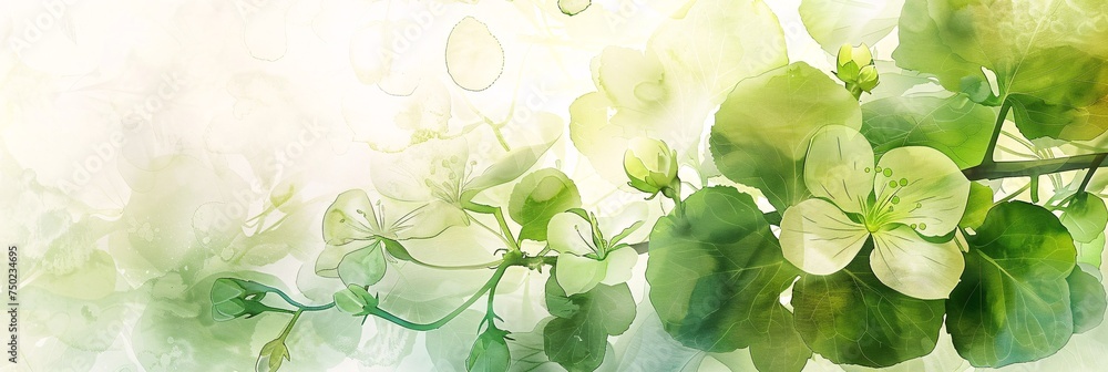 Fototapeta premium A serene border of botanical elements, painted in watercolor, featuring subtle green hues and delicate little flowers