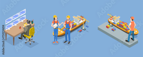 3D Isometric Flat Vector Illustration of Sea Port Checkpoint , Freight Transportation and Delivery