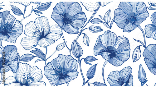 Vector blue line art flowers elegant seamless patter