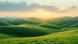 A peaceful scene of rolling green hills under a heavenly sky during golden hour captured in a minimalist style with a soft touch