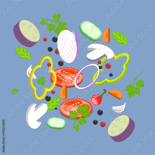 3D Isometric Flat Vector Set of Sliced Vegetables, Chopped Cooking Ingredients