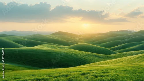 A peaceful scene of rolling green hills under a heavenly sky during golden hour captured in a minimalist style with a soft touch