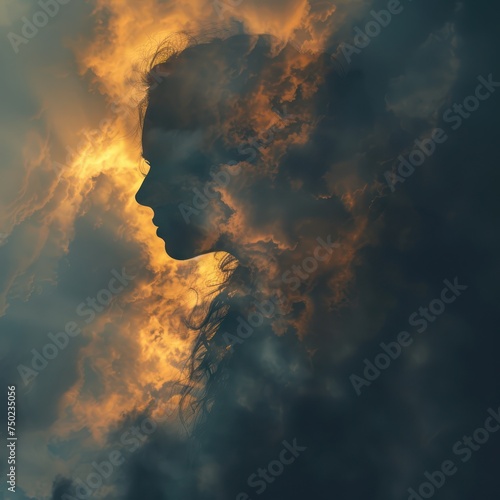 Closeup of a deity s shadow over tranquil clouds during golden hour in a minimalist elegant chiaroscuro technique