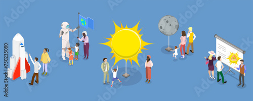 3D Isometric Flat Vector Set of Planetarium Excursion, Museum Astronomical Exhibition