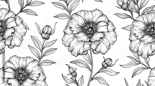 Vector seamless pattern with outline Tagetes or Mari photo