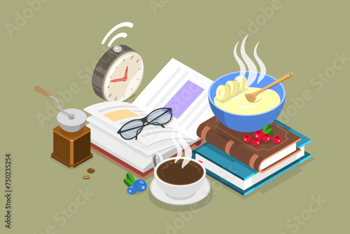 3D Isometric Flat Vector Illustration of Morning Rituals, Healthy Habits and Routines
