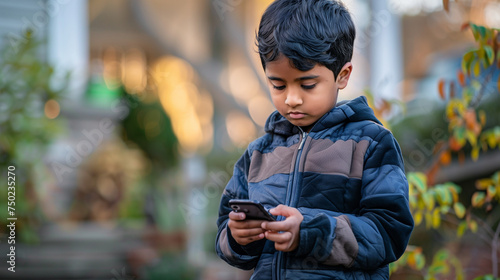 Little Young Boy using Smartphone Outside