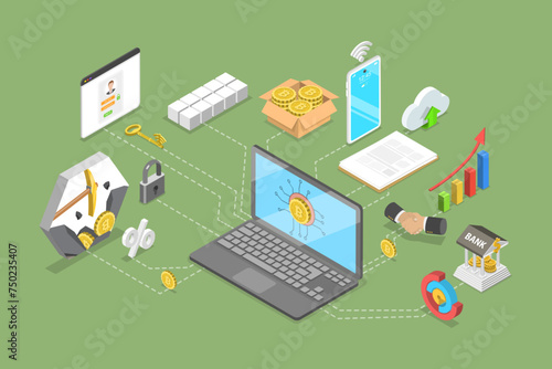 3D Isometric Flat Vector Illustration of Cryptocurrency And Blockchain Technology, FinTech Industry