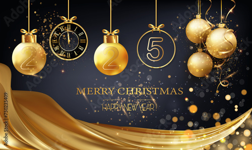 card or headband to wish a Merry Christmas and a Happy New Year 2025 in gold and black consisting of Christmas baubles and a clock underneath a gold drape of bokeh effect circles on a black background