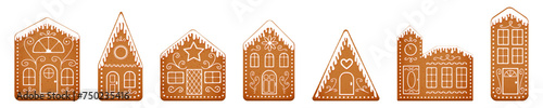 Set of cute cartoon gingerbread houses with icing glazed roofs. Vintage ginger bread town isolated on white background. Christmas fantasy city made of cookies. New Year sweets. Vector illustration.