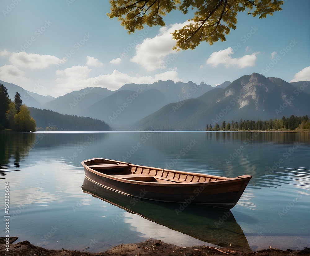 Solitary boat drifting on serene lake amidst majestic peaks. Solitary boat drifting on serene lake amidst majestic peaks.