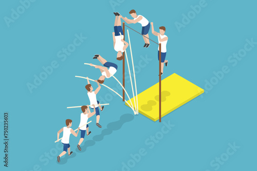 3D Isometric Flat Vector Illustration of Jumping With Pole, Athlete Doing High Jump