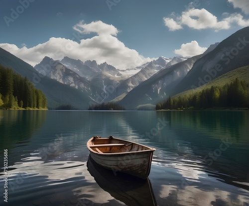 Minimalistic beauty: solitary boat on tranquil lake nestled in mountains.
