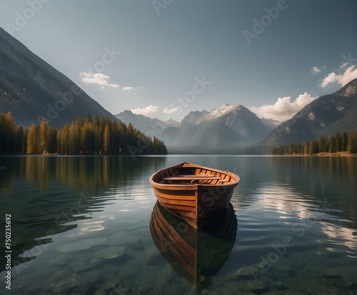 Majestic mountain backdrop highlights peaceful lake with solitary boat.