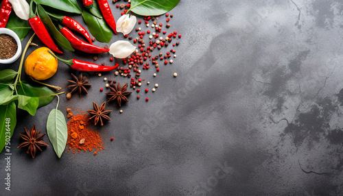 red hot chili pepper, spices, basil leaves, lettuce, parsley, dell flat lay on dark background banner copy space vegetables ingredients coocing vegetarian farming fresh healthy meal