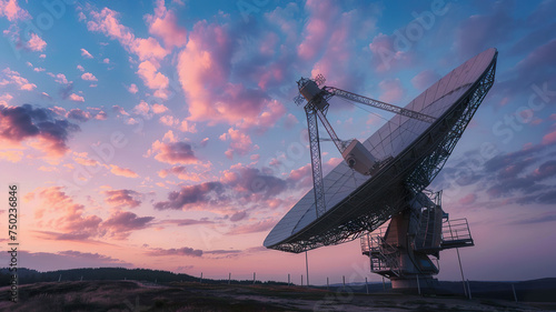 Large satellite dish transmitting signals during a stunning sunset