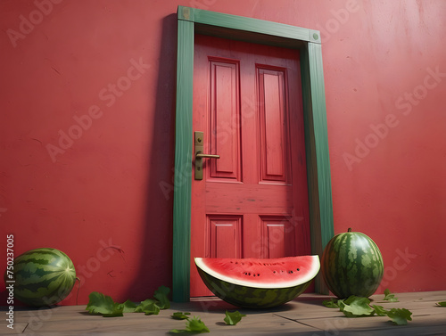 Vibrant illustration of a red door with ripe watermelons inside a teal room, contrasting colors and surreal setting