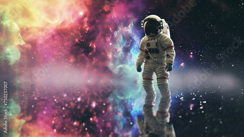 Space background. Astronaut standing reflection surface with colorful fractal nebula. Generative Ai