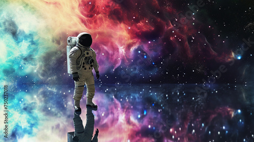 Space background. Astronaut standing reflection surface with colorful fractal nebula. Generative Ai