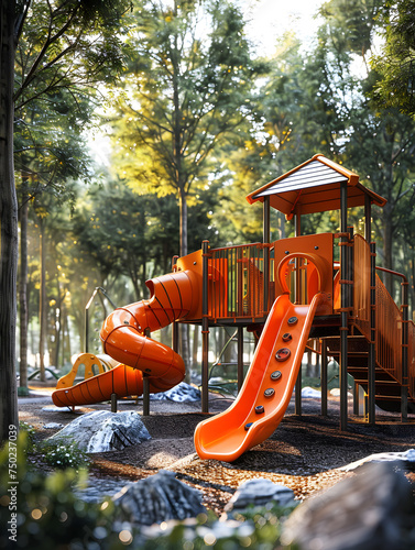 Outdoor playground with chute and spiral slide in forest setting photo