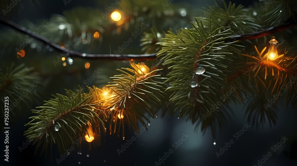 Christmas tree branches with bokeh lights and snowflakes on blurred background Christmas tree branches with bokeh lights and snowflakes on blurred background