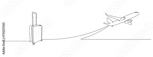 Suitcase and airplane in one continuous line drawing. Vacation with luggage and travel baggage concept in simple linear style. Air trip and journey banner. Doodle outline vector illustration